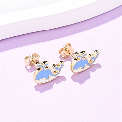 Whale Серьги-гвоздики из латуни, Тема океана, реальный 18 k позолоченный, кит, 10x13 мм