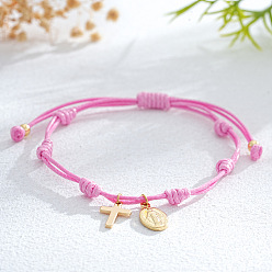 Ярко-Розовый Латунь шарм браслеты, регулируемые плетеные браслеты из нейлонового шнура для женщин, крест и овал с девой марией, золотые, ярко-розовый, регулируемый
