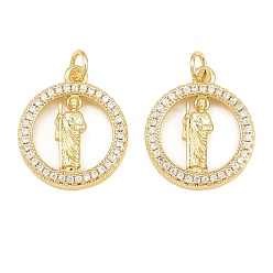 Real 16K Gold Plated Religion Brass Micro Pave Clear Cubic Zirconia Pendants, Flat Round with St. Jude Charms, Real 16K Gold Plated, 19.5x17x3.5mm, Hole: 3mm