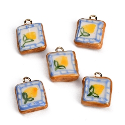 Yellow Handmade Porcelain with Brass Pendants, Square with Flower Charms, Hand Painted, Famille Rose Porcelain, Golden, Yellow, 21.5~22.5x17.5~18x7.5mm, Hole: 2.5mm