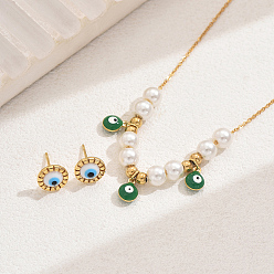 Настоящее золото 18K Элегантные комплекты из нержавеющей стали с серьгами-гвоздиками и ожерельями от сглаза для женщин, с имитацией жемчуга, реальный 18 k позолоченный, ожерелья: 15.75 дюйм (40 см)