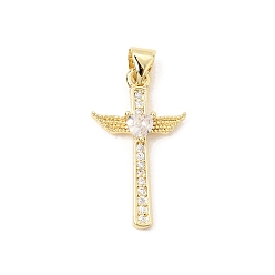 Clear Brass Micro Pave Cubic Zirconia Pendants, Cross with Wing & Heart Charms, Real 16K Gold Plated, Clear, 25x14x3mm, Hole: 3.5x5mm