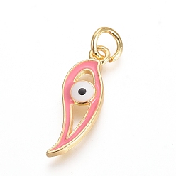 Pink Goldene Messinganhänger, cadmiumfrei und bleifrei, mit Emaille und Biegeringen, langlebig überzogen, bösen Blick, rosa, 22.5x7.5x2.5 mm, Bohrung: 3.5 mm