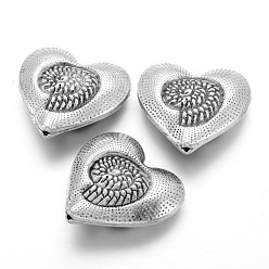 Argent Antique Perles en alliage de style tibétain, création de cadeaux du jour de mère/de la Fête des Mères, sans plomb et sans cadmium, 3 d coeur, argent antique, longueur d'environ 30 mm ,  largeur de 31 mm, épaisseur de 11mm, Trou: 2mm
