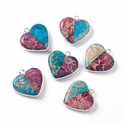 Silver Natural Regalite/Imperial Jasper/Sea Sediment Jasper Pendant, with Brass Settings, Dyed, Two Tone, Heart, Silver, 21x21x4.5mm, Hole: 1.8mm