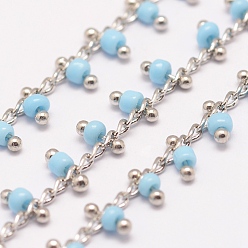 Light Sky Blue Handmade Seed Beaded Chains, Soldered, with Spool, with Brass Findings, Light Sky Blue, 6x2~3mm, about 32.8 Feet(10m)/roll