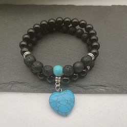Нефрит Тайвань Браслеты с подвесками в форме сердца из натурального тайваньского нефрита, натуральный лавовый камень бусины эластичный браслет комплект ювелирных изделий для женщин