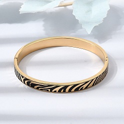 Real 18K Gold Plated 304 Stainless Steel Black Enamel Zebra Skin Print Hinged Cuff Bangles for Women, Ion Plating(IP), Real 18K Gold Plated, Inner Diameter: 2.05x2.48 inch(5.2x6.3cm)