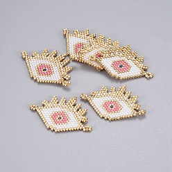 Pink Handmade Japanese Seed Beads Links, with Japan Import Thread, Loom Pattern, Eye, Pink, 26x41x2mm, Hole: 2mm