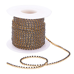 Jet Brass Rhinestone Strass Chains, with Spool, Rhinestone Cup Chain, about 2880pcs Rhinestone/roll, Grade A, Raw(Unplated), Nickel Free, Jet, 2mm, about 10yards/roll