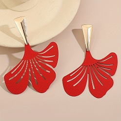Red Baking Paint Alloy Gingko Leaf Stud Earrings for Women, Golden, Red, 75x60mm