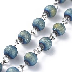 Зеленый Изготовленные вручную гальванизированные стеклянные бисерные цепи, с железным штифтом, круглые, несварные, платина, зелёные, 39.37 дюйм (100 см), ссылка: 13x6x6 mm, 1 м / прядь