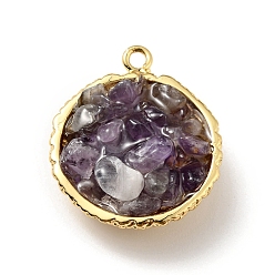 Аметист Подвески из натурального аметиста, с реечным покрытием из латуни с покрытием из настоящего золота 18k, круглые, без кадмия, без никеля и без свинца, 24x20x10~13 мм, отверстие : 1.8 мм