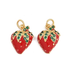 Клубника Латунные микро проложить кубического циркония подвески, с эмалью, реальный 18 k позолоченный, без кадмия и без свинца, стойки покрытие, долговечный, с целью перехода в кольце, клубника, 16x12x5 мм, отверстие : 3 мм