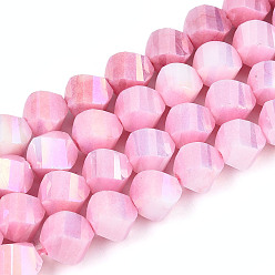 Ярко-Розовый Антикоррозийные гальванические стеклянные бусины, имитация драгоценных камней, твист, с покрытием AB цвета, граненые, два тона, ярко-розовый, 7~8x7~8x7~8 мм, отверстие : 1~1.2 мм, около 50~54 шт / нитка, 14.76~15.16'' (37.5~38.5 см)