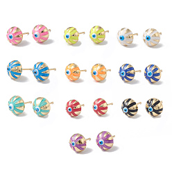 Mixed Color Enamel Half Round with Evil Eye Stud Earrings, Real 18K Gold Plated Brass Jewelry for Women, Mixed Color, 6x10x6mm, Pin: 1mm