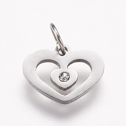 Нержавеющая Сталь Цвет 316 полые брелоки из хирургической нержавеющей стали, со стразами, сердце, цвет нержавеющей стали, 9x12x1.5 мм, отверстие : 3.5 мм