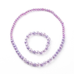 Lavendel Acrylperlenarmband & Halskette Set für Kinder, mit transparenter Perle in Perle & ab Farbe plattiert & undurchsichtigen Acrylperlen, Runde, Lavendel, Innendurchmesser: 4-1/8 Zoll (10.4 cm), Innendurchmesser: 1.85 Zoll (47 mm)