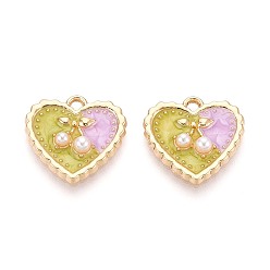 Светло-хаки Подвески из эмали и сплава, с ABS имитации жемчуга, сердце с вишневым шармом, золотые, светлый хаки, 17.5x18x4 мм, отверстие : 1.8 мм