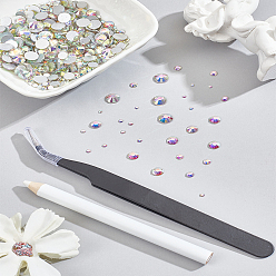 Crystal AB 600Pcs 6 Styles Glass Flat Back Rhinestone, Grade A, Back Plated, Faceted, Half Round, with 1Pc 201 Stainless Steel Curved Pointed Tweezers and Wood Nail Art Rhinestones Pickers Pen, Crystal AB, 1.5~1.6mm