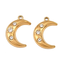 Real 18K Gold Plated 304 Stainless Steel Pendants, with Crystal Rhinestone, Ion Plating(IP), Moon Charms, Real 18K Gold Plated, 19x13x3mm, Hole: 1.4mm