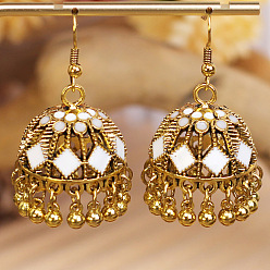 Белый Богемные эмалированные серьги-люстры из сплава, колокол, с застежкой для висячих сережек, золотые, белые, 46x25 мм