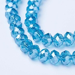 Deep Sky Blue Electroplate Glass Beads Strands, Pearl Luster Plated, Faceted, Rondelle, Deep Sky Blue, 10x8mm, Hole: 1mm, about 65~66pcs/strand, 20.8~21.2 inch(53~54cm)