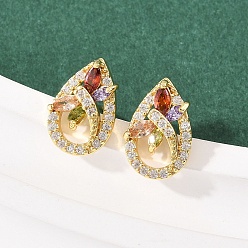 Teardrop Латунные микро проложить серьги стержня кубического циркония, стойки покрытие, долговечный, без кадмия и без свинца, реальный 18 k позолоченный, слеза, 12.5x8.5 мм