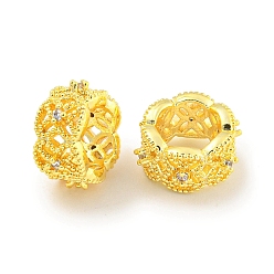 Настоящее золото 18K Реечное покрытие латунь микро паве прозрачный кубический цирконий европейские бусины, бусины с большим отверстием, долговечный, без свинца и без кадмия, рондель, реальный 18 k позолоченный, 10x11x5.5 мм, отверстие : 6 мм