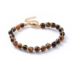 Тигровый глаз Природных тигровый глаз браслеты, с 304 фурнитурой из нержавеющей стали, круглые, 7-3/8 дюйм ~ 7-1/2 дюйм (18.6~19 см)