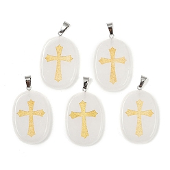 Хрусталь Природного кварца хрустальных подвесок, овальный горный хрусталь с выгравированными золотыми крестиками, с дужками из нержавеющей стали, цвет нержавеющей стали, 38~39x25x7 мм, отверстие : 7x4 мм