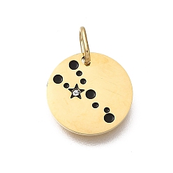 Taurus Twelve Constellations 304 Stainless Steel Enamel Pendants, with Rhinestone, Flat Round Charms, Golden, Taurus Charms, 13x1mm, Hole: 4.5x2.5mm