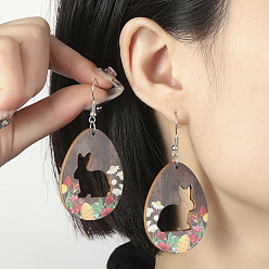 Светло-коричневый Пасхальные деревянные серьги-подвески, кролик с яйцом, платина, загар, 68x33 мм