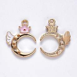 Pink Alloy Pendant Rhinestone Settings, with Enamel, Moon with Wing & Crown, Light Gold, Pink, Fit for 1mm Rhinestone, 22x18x2mm, Hole: 1.6mm
