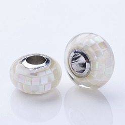 Светло-желтый Оболочки европейские шарики, с медными сердечниками, рондель, бусины с большим отверстием, платина, светло-желтый, 13~14x7.5 мм, отверстие : 4.5 мм