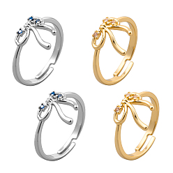 Платиновый & Золотой 4 шт. 2 цвета регулируемые латунные кольца-манжеты с микропаве из кубического циркония для женщин, бантом, платиной и золотом, бант : 10x10 мм, внутренний диаметр: 16 мм, 2 шт / цвет