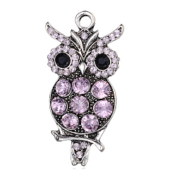 Light Amethyst Alloy Rhinestone Pendants, Halloween Owl, Antique Silver, Light Amethyst, 45x23x4mm, Hole: 3.5mm