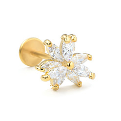 Цветок Серьги-гвоздики из нержавеющей стали с микропаве из прозрачного кубического циркония для женщин и мужчин, плоская серьга сзади, цветок, 6 мм, штифты : 1.2 мм