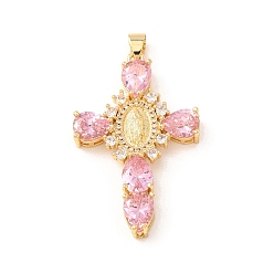 Perlas de Color Rosa Latón chapado latón micro pavimentar cúbicos zirconia colgantes, sin plomo y cadmio, real 18 k chapado en oro, cruzar con santo, rosa perla, 45.5x29x6 mm, agujero: 4x6 mm