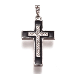 Platinum Brass Micro Pave Clear Cubic Zirconia Pendants, with Enamel, Cross, Black, Platinum, 28x16.5x4.5mm, Hole: 5.5x2.5mm