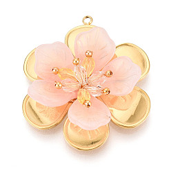 Розовый 304 подвески из нержавеющей стали, цветок, со стеклом, реальный 18 k позолоченный, ионное покрытие (ip), туманная роза, 40x33.5x10~11 мм, отверстие : 1.8 мм