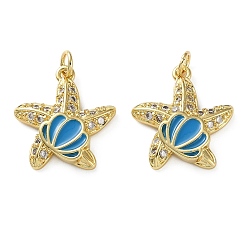 Синий Латунные микропаве прозрачные подвески с фианитом, подвески в форме морской звезды с ракушкой, реальный 18 k позолоченный, с эмалью, синие, 20.5x18.5x4 мм, отверстие : 3 мм