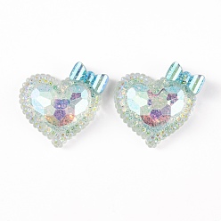 Aqua Transparent Epoxy Resin Heart with Bowknot Decoden Cabochons, with Glitter Powder, Aqua, 24x24.5x8mm