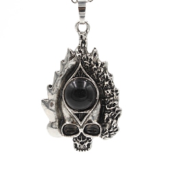 Обсидиан Природные обсидиана большие кулоны, старинные латунные подвески с черепом серебристого цвета, 50x30x11 мм