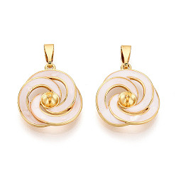 Белый Латунные и эмалевые прищепки, цветок, за половину пробурено бисера, реальный 18 k позолоченный, белые, 19x17.5x4 мм, отверстие : 7x2 мм