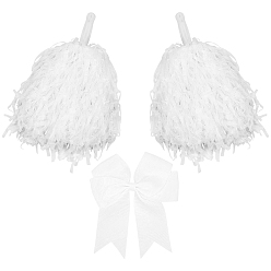 White 2Pcs Plastic Cheerleading Pom Poms Cheerleading Hand Flowers, with 1Pc Bowknot Polyester Alligator Hair Clips, White, 280mm