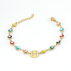 Letter H Красочные 304 браслеты из нержавеющей стали с плоскими круглыми звеньями и эмалью в виде «злого глаза», Браслеты с подвесками в виде букв для женщин, золотые, реальный 18 k позолоченный, Письмо ч, 6.69 дюйм (17 см)