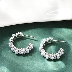 Платина Серьги-гвоздики из искусственного жемчуга с цветком из латуни и АБС-пластика, долговечный, без кадмия и без свинца, стойки покрытие, платина, 24x7.5 мм