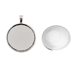 Antique Silver Pendant Making Sets, with Alloy Pendant Cabochon Settings and Glass Cabochons, Flat Round, Antique Silver, 42x33x2mm, Hole: 3.5x6mm