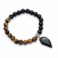 Тигровый глаз Эластичные браслеты из натурального обсидиана и бисера «тигровый глаз», браслеты с подвесками для женщин, форма ножа, внутренний диаметр: 2-3/8 дюйм (6 см)